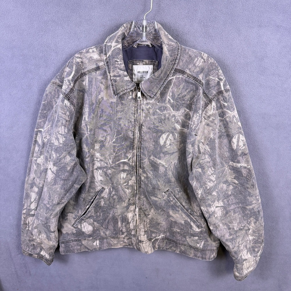 Hollister Camo Jacket Mens XL Canvas Leaf Print Workwear Style Bomber School